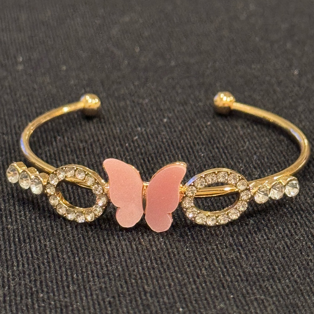 Fashion Jewelry Gold Pink Butterfly Crystal Open Cuff Bracelet